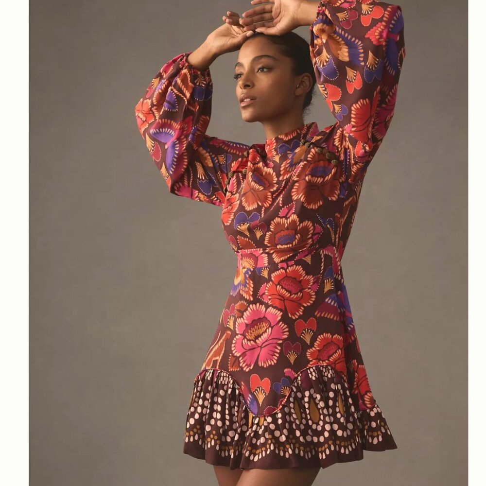 FARM Rio Bright Flora Long Sleeve Pleated Dress